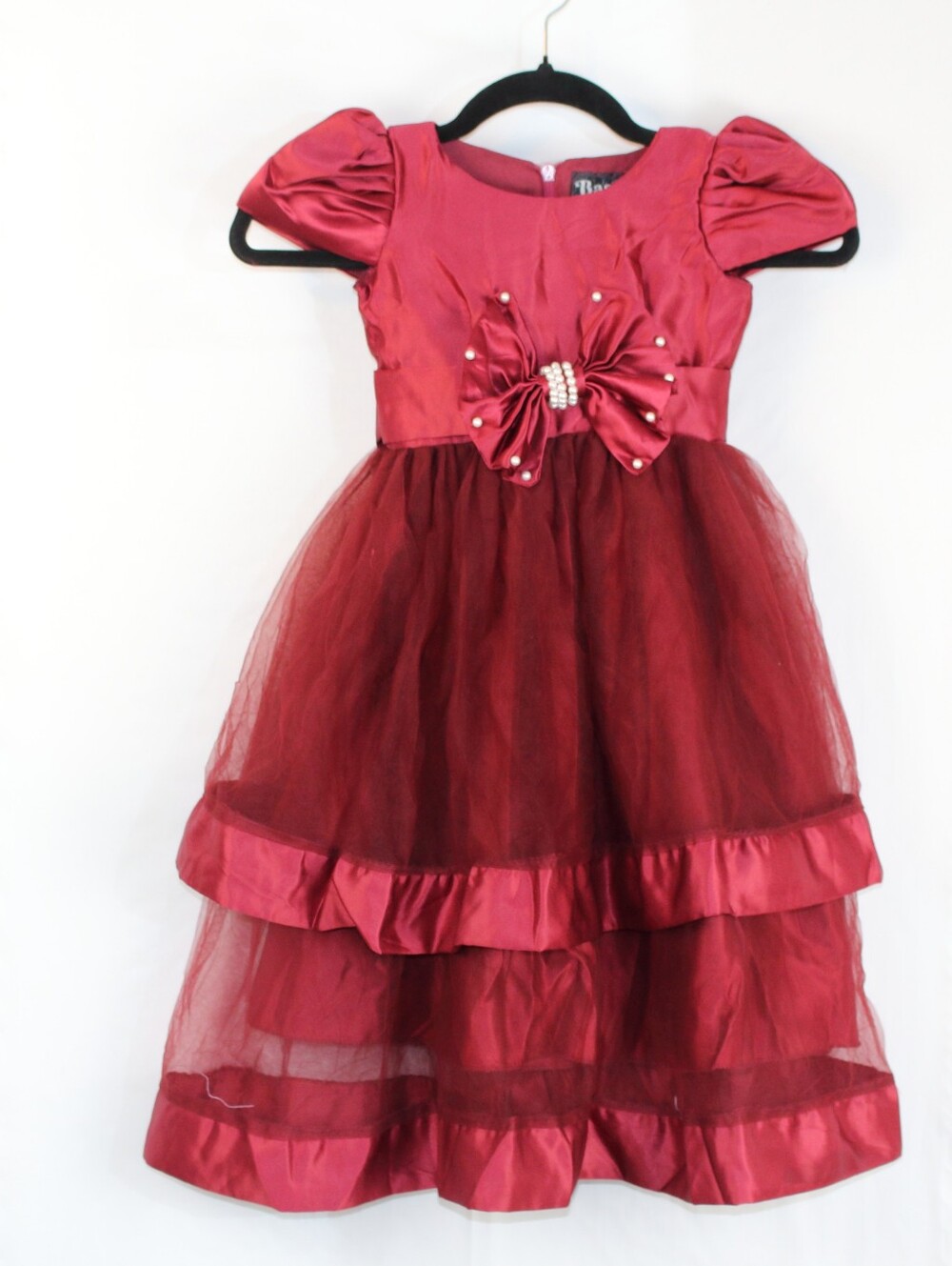 Girls' Pearl-Accent Burgundy Party Dress